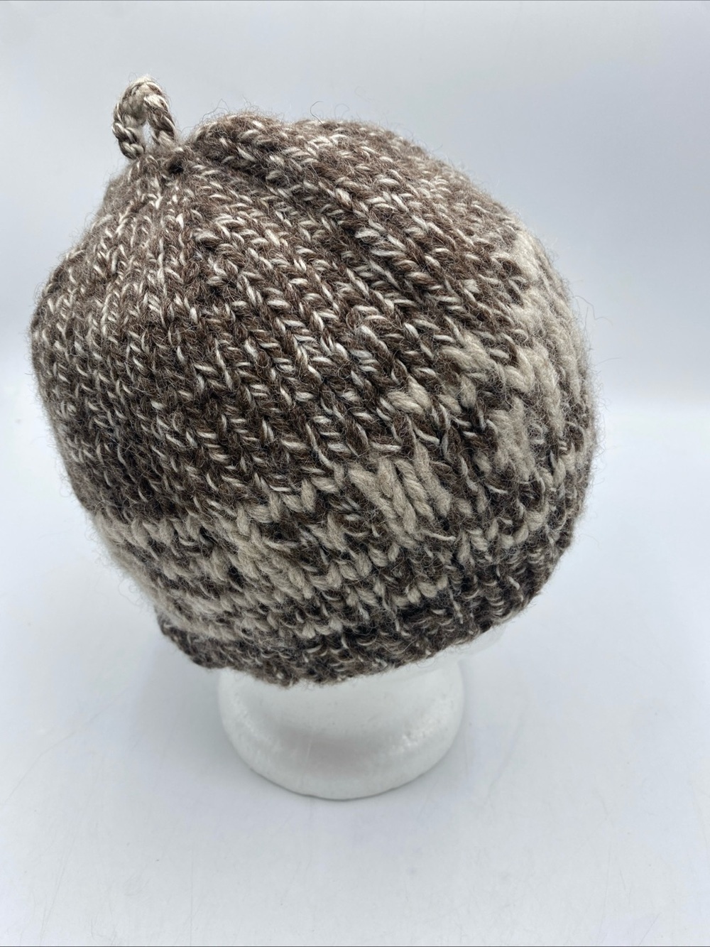 Brown Wool Tweed Knit Outdoor Beanie Hat O/S Unisex Handmade Winter Fall